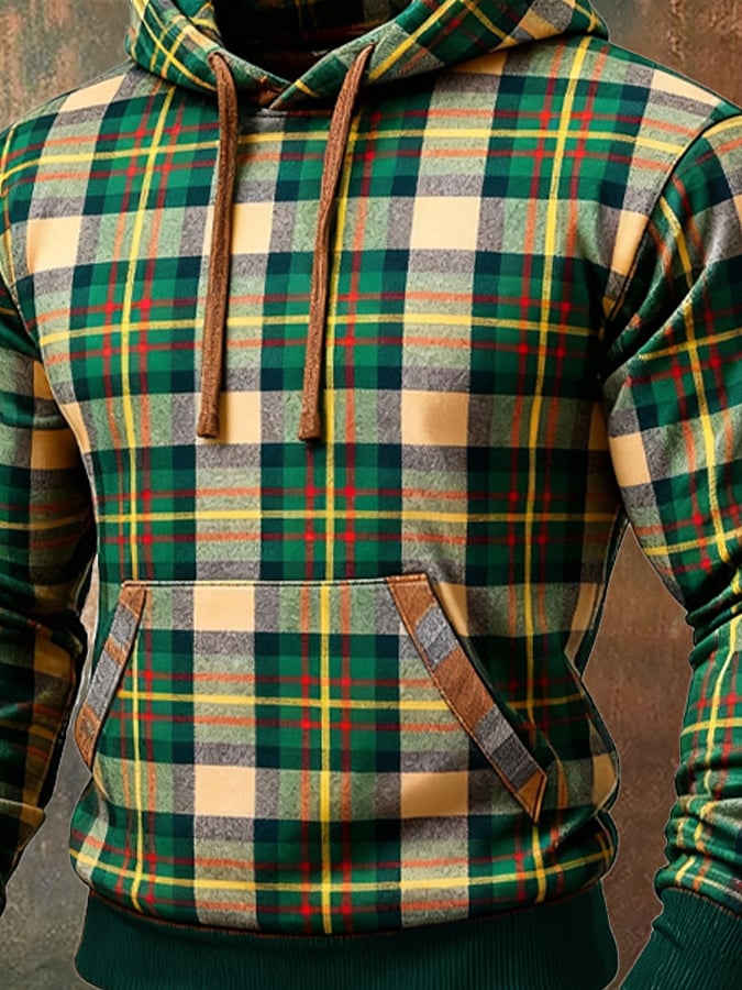 Men's Retro Plaid Contrast Color Hooded Sweatshirt