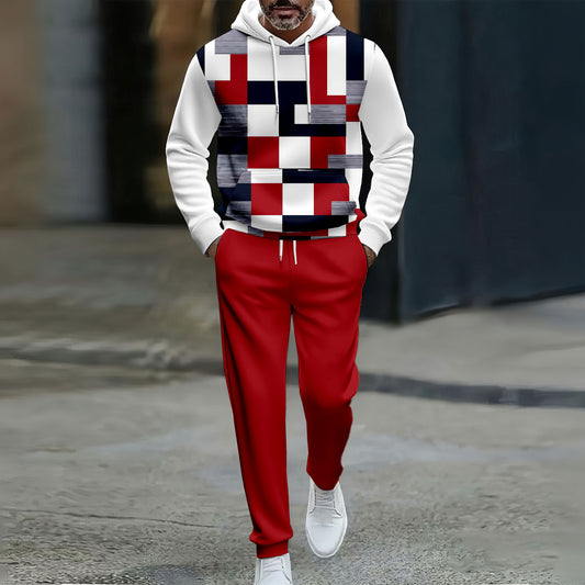 Men's Casual Color Red & White Matching Geometric Printed Hooded Long Sleeved Trousers Two-Piece Set
