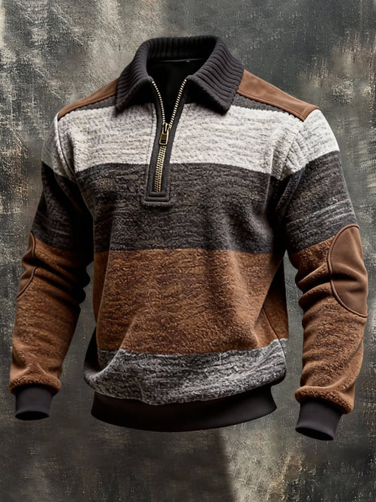 Men's Retro Color Block Print Color-Blocked Zip-Up Sweatshirt