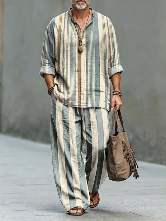 Men's Retro Stripes Art Print Cotton Shirt Set