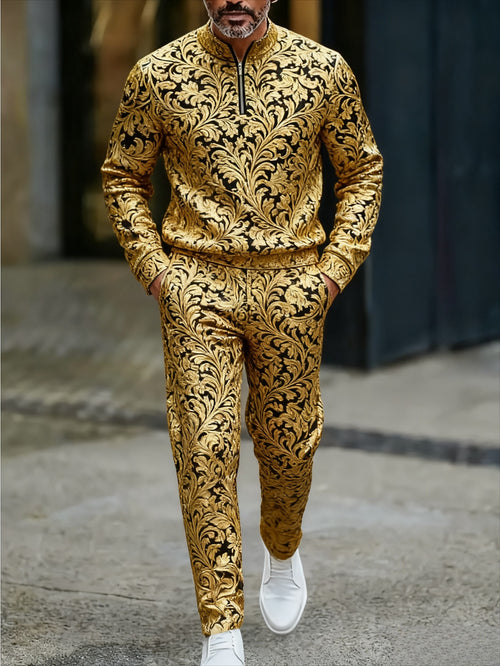 Men's Casual Gold Foil Flower Printed Round-Neck Zipper Long Sleeved Trousers Two-Piece Set