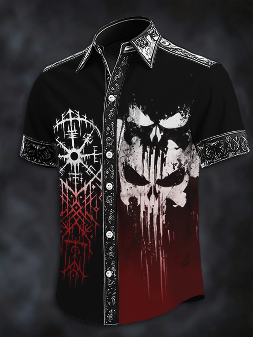 Men's Dark Skull Print Casual Short Sleeve Shirt