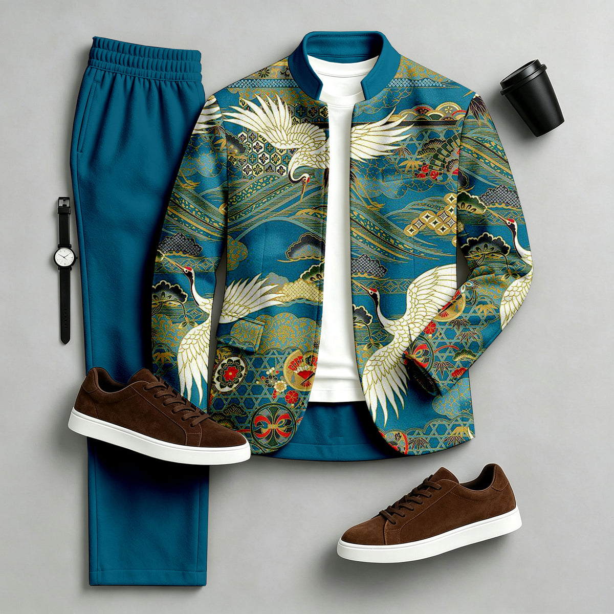 Men's Printed Stand-Collar Jacket and Pants Set