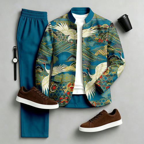 Men's Printed Stand-Collar Jacket and Pants Set