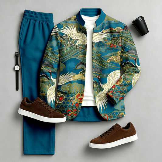 Men's Printed Stand-Collar Jacket and Pants Set