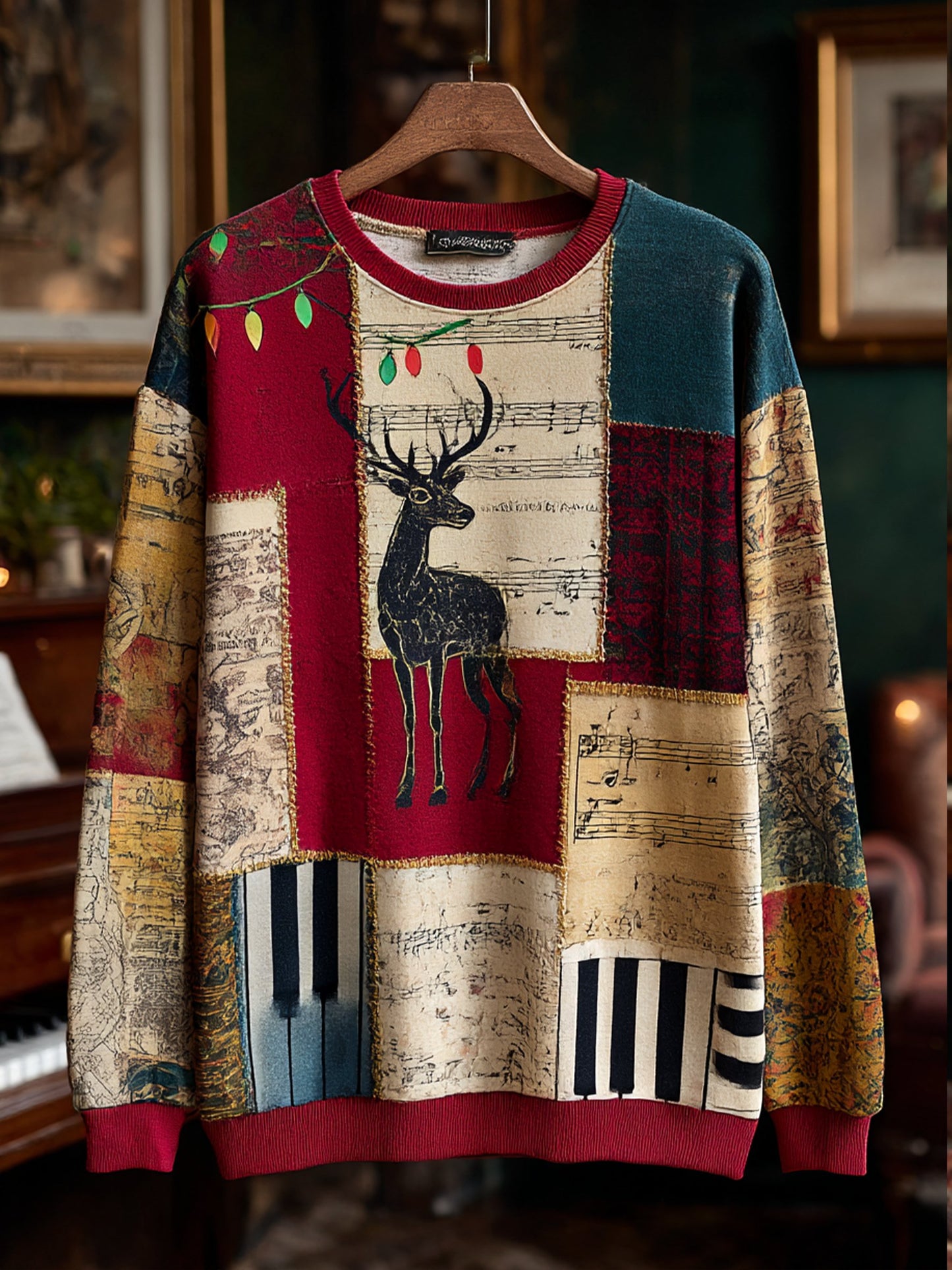 Men's Retro Casual Musical Note Christmas Party Art Sweatshirt