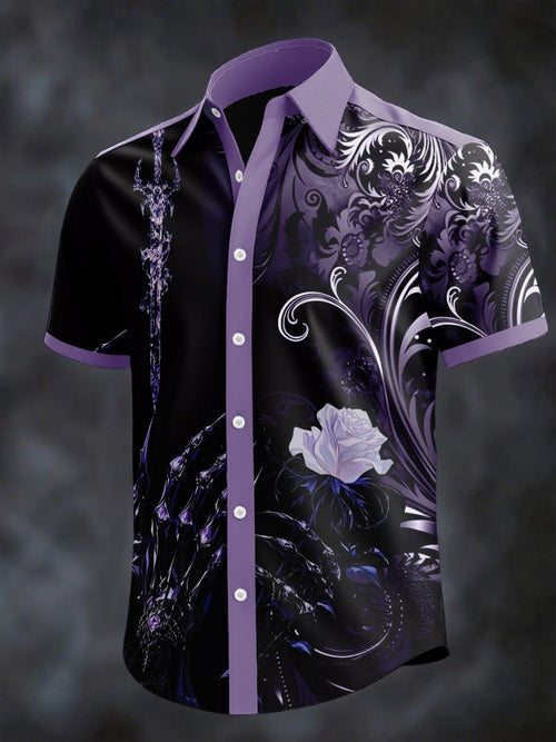 Men's Retro Horror Skull Print Lapel Short Sleeve Shirt