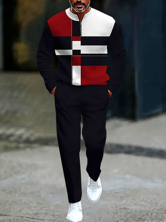Men's Casual Black & Red Color Matching Geometric Printed Round-Neck Zipper Long Sleeved Trousers Two-Piece Set
