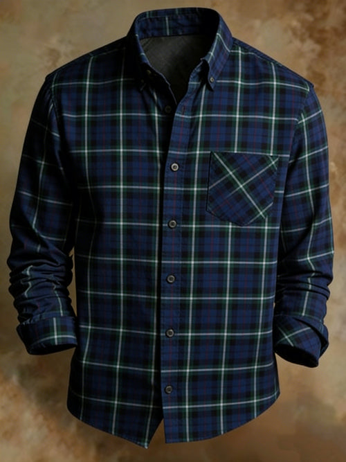 Vintage Style Navy Green Plaid Shirt Men's Long Sleeve Casual Business Shirt