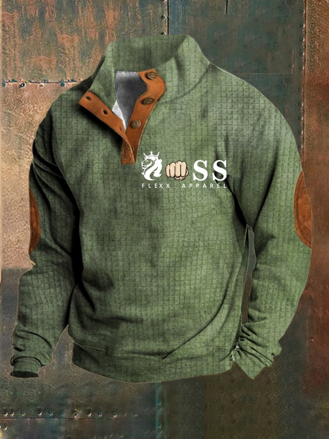 Men's Vintage Lettering Printed Stand Collar Check Button Sweatshirt