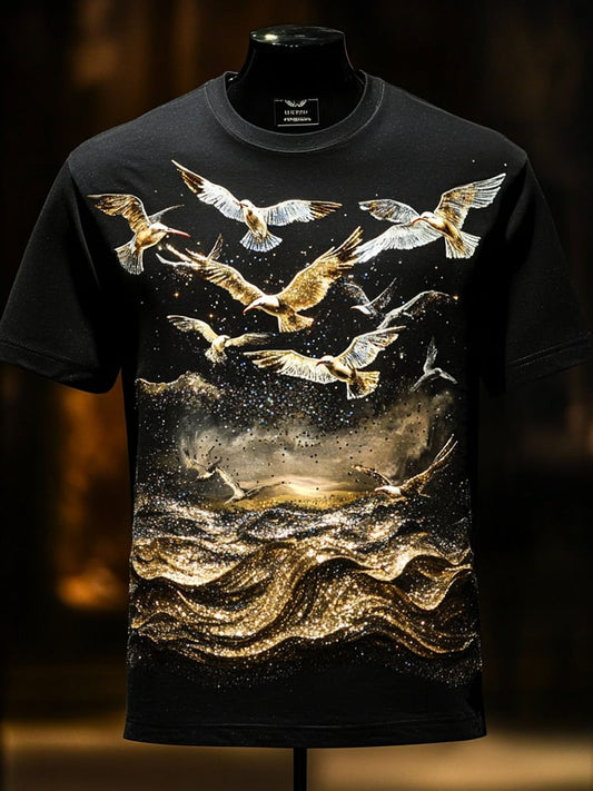 Men's Seagull Sequin Business Print Short Sleeve T-Shirt
