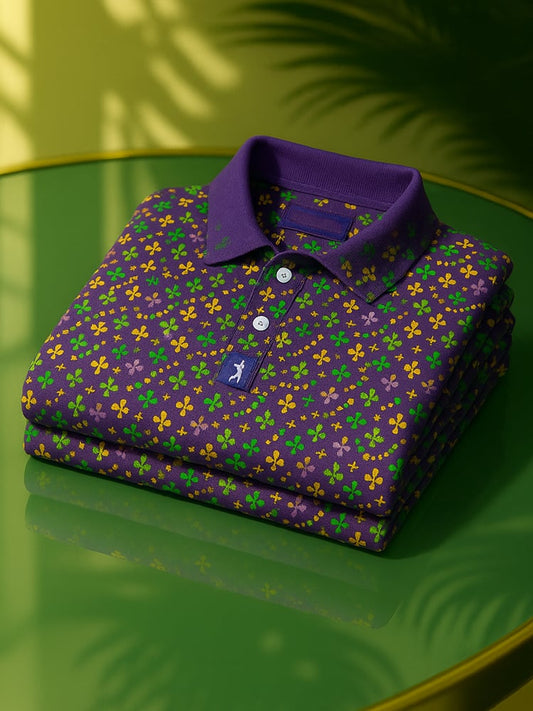 Men's Classic Business Old Money Button Short Sleeve Phat Tuesday Purple Polo Shirt