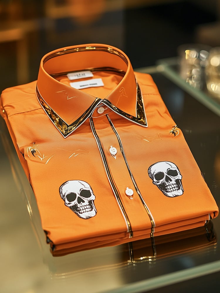 Men's Business Casual Orange Skull Print Lapel Long Sleeve Shirt