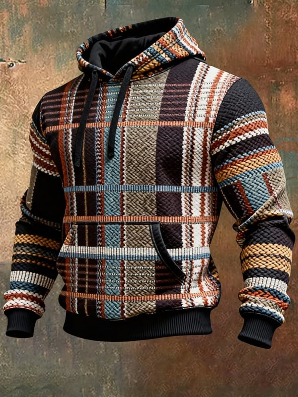 Men's Retro Contrast Print Casual Hooded Long Sleeve Sweatshirt