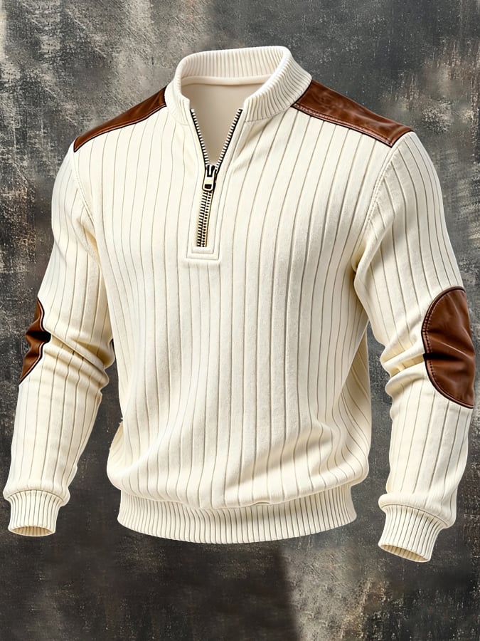 Men'S Vintage-Style Textured Patchwork Color-Block Long-Sleeved Sweatshirt