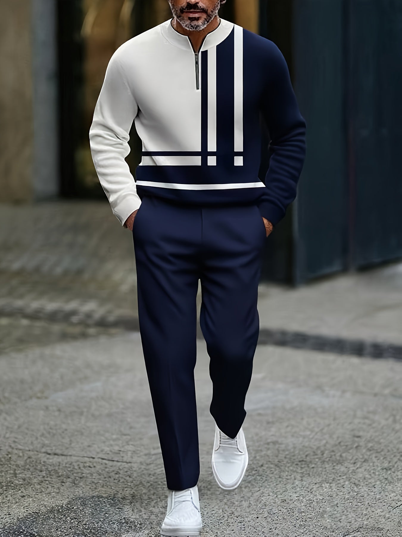 Men's Casual White & Navy Blue Color Matching Geometric Printed Round-Neck Zipper Long Sleeved Tops & Trousers Two-Piece Set
