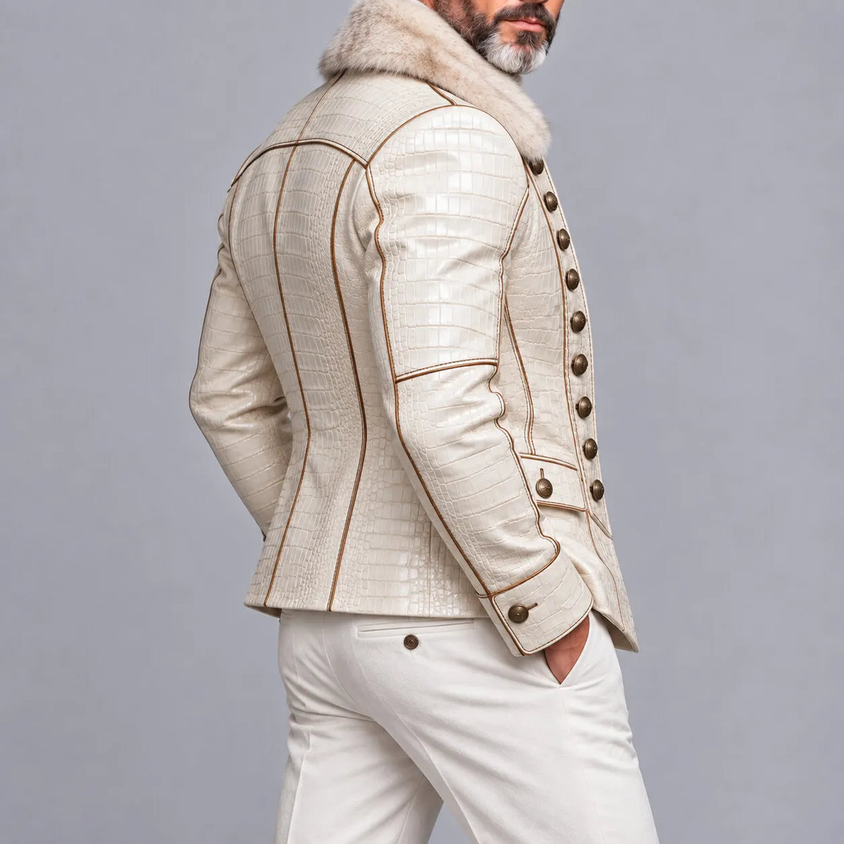 Men's Beige Crocodile Texture PU Leather Contrast Piping Fuzzy Collar Double Breasted Jacket