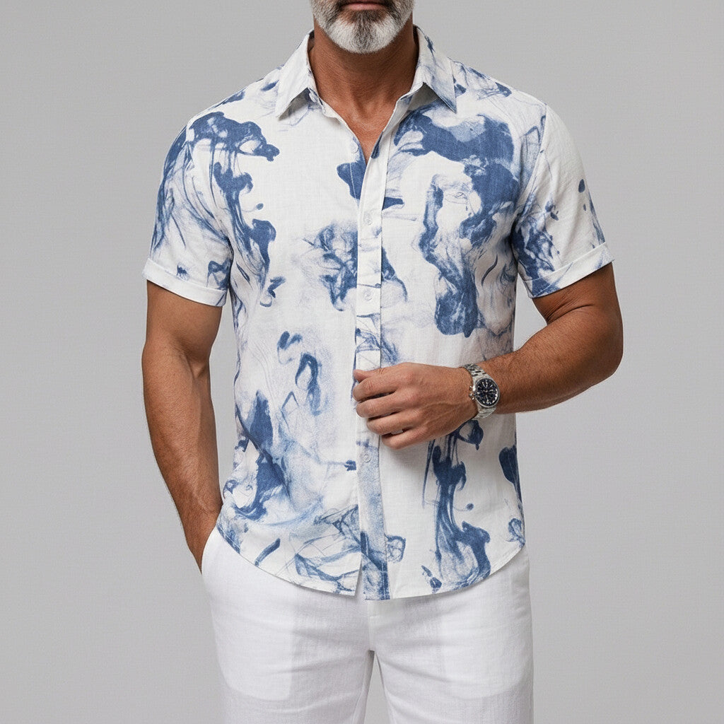 Men's Ink-wash Print Button Vacation Cuffed Edge Short Sleeve Shirt