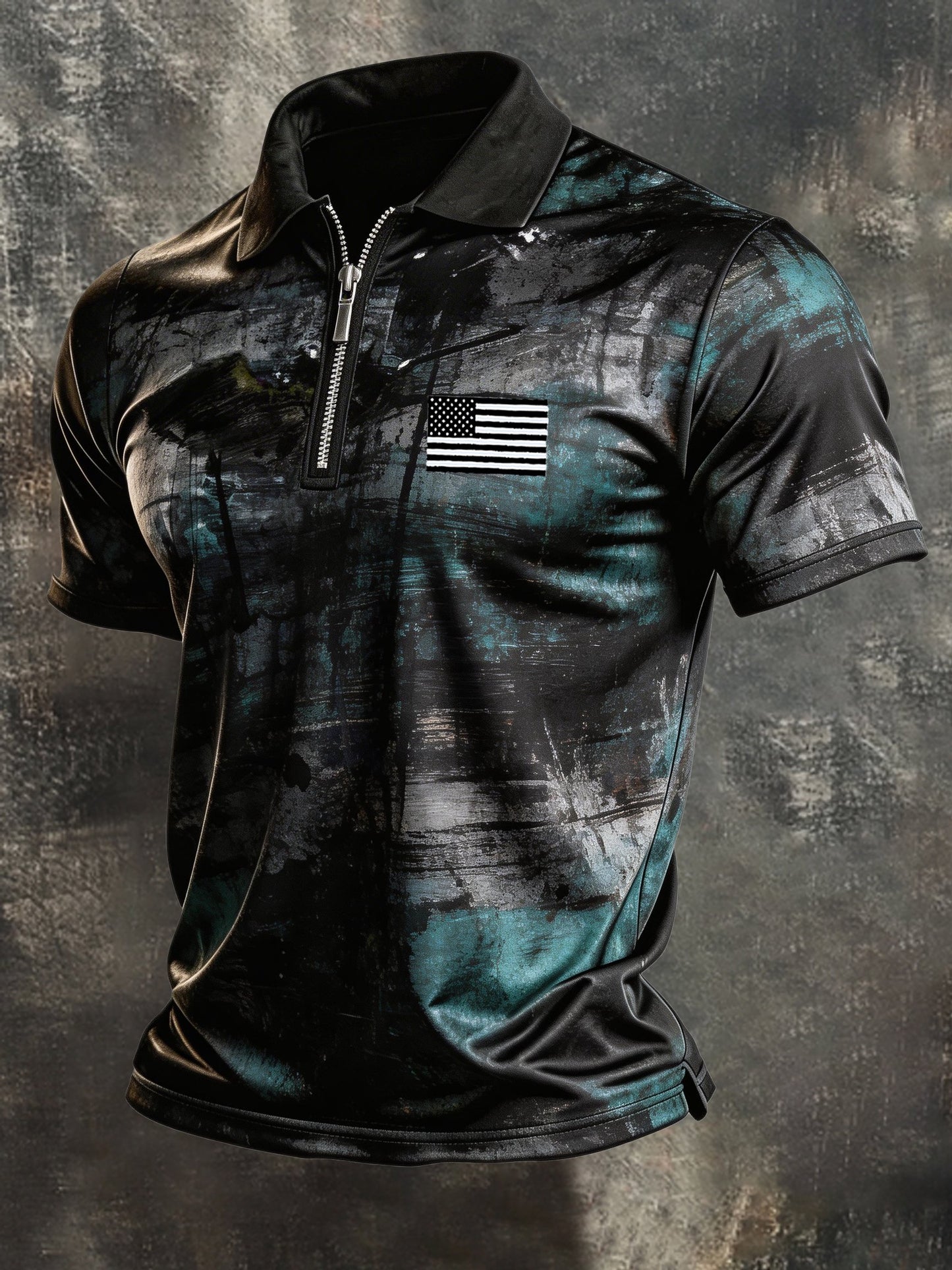 Men's Retro "Patriot" Color-Block Short-Sleeve Half-Zip Polo Shirt