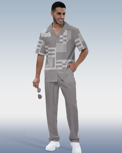 Men's Color Block Luxury Printed Short Sleeve Shirt Walking Set 1013