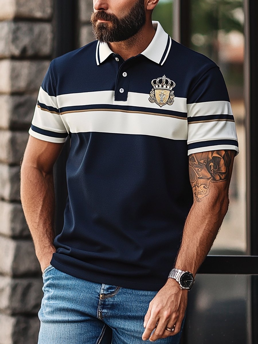 Men's Business Stripe Logo Button-Down Short Sleeve Polo Shirt