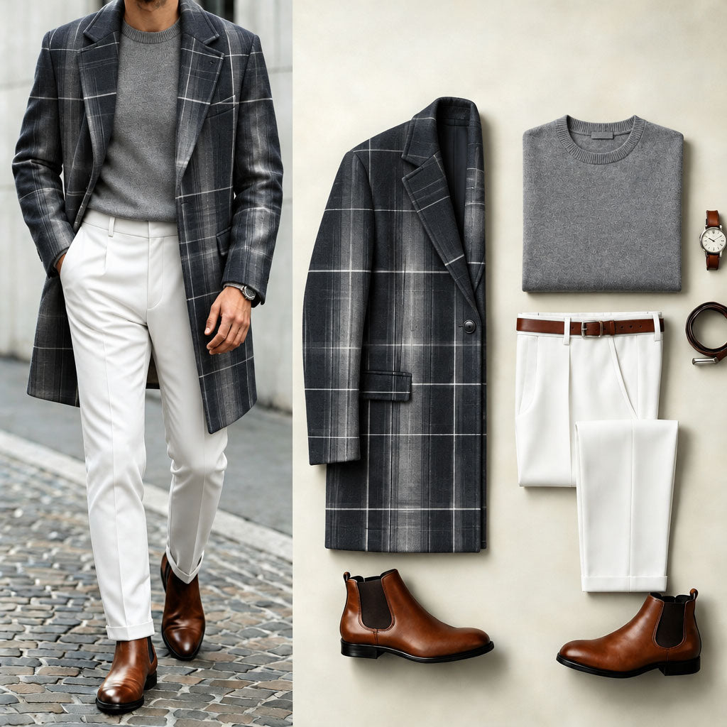 Men's Black Checkered Suit Set: Coat, Knit Sweater, and Pants