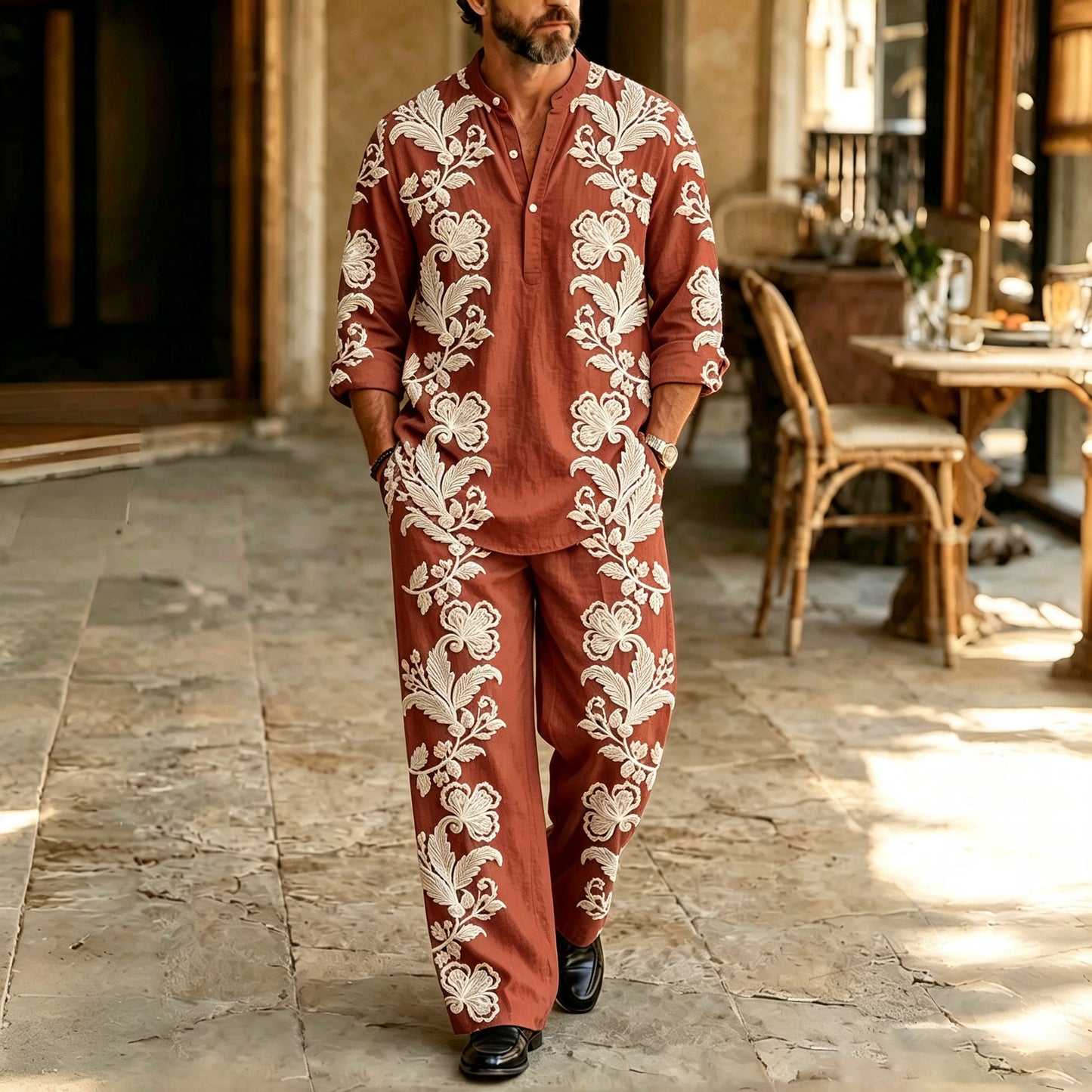 Men's Floral-Print Stand-Collar Polo Shirt and Pants Set