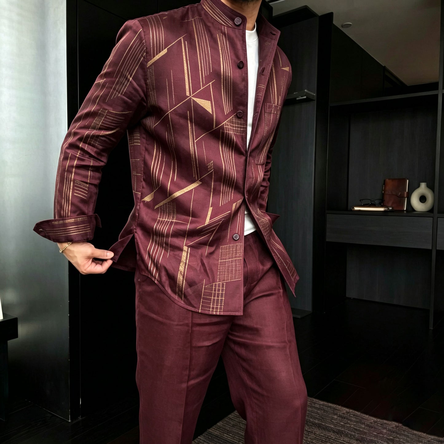 Men's Casual Two-Piece Set: Long-Sleeve Shirt with Geometric Print and Stand-Up Collar, and Pants