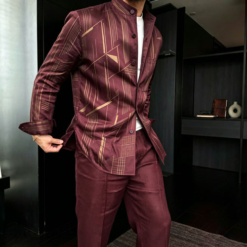 Men's Casual Two-Piece Set: Long-Sleeve Shirt with Geometric Print and Stand-Up Collar, and Pants