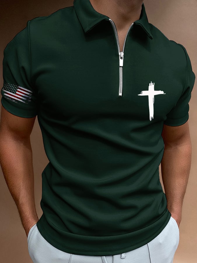 Men's Flag Cross Print Casual Polo Shirt