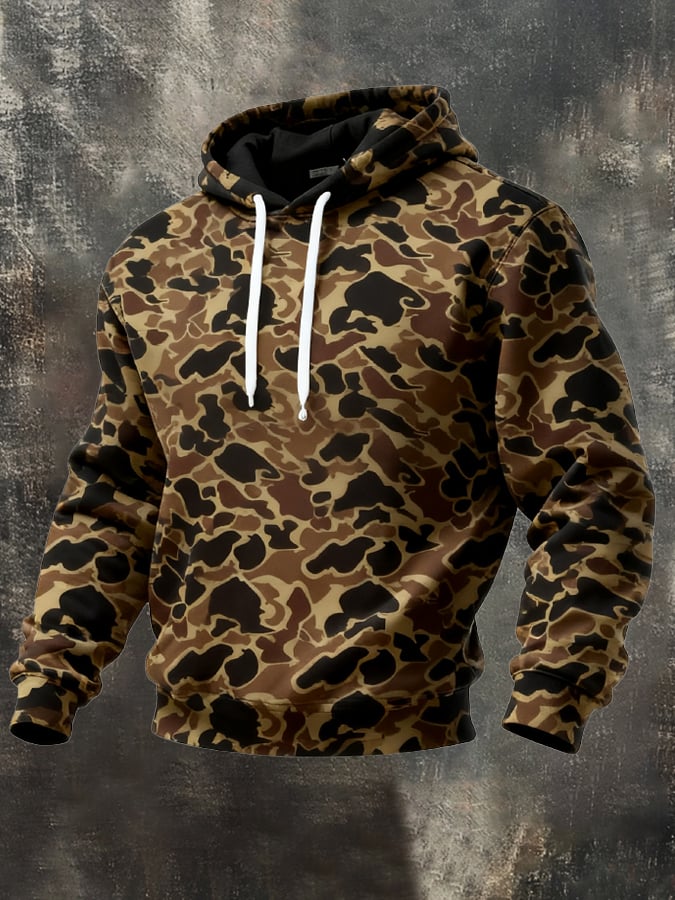 Men's Retro Distressed Color Block Camouflage Print Casual Long Sleeve Sweatshirt