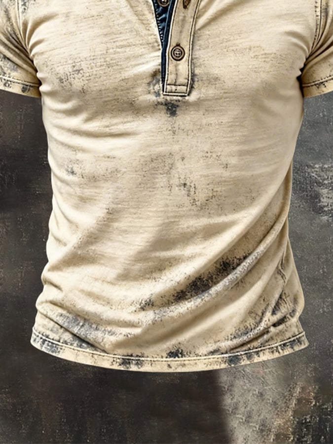Men'S Retro Pure Cotton Washed Distressed Color-Blocked Henley Collar Short-Sleeve Top