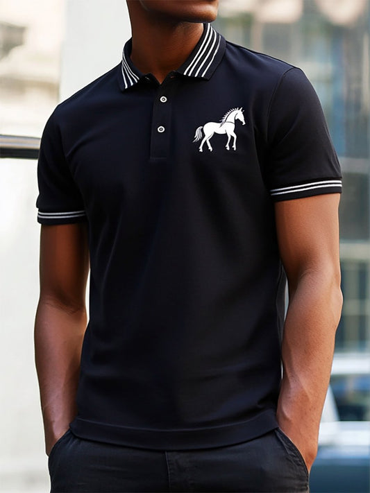 Men's Business Stripe Logo Button-Down Short Sleeve Polo Shirt