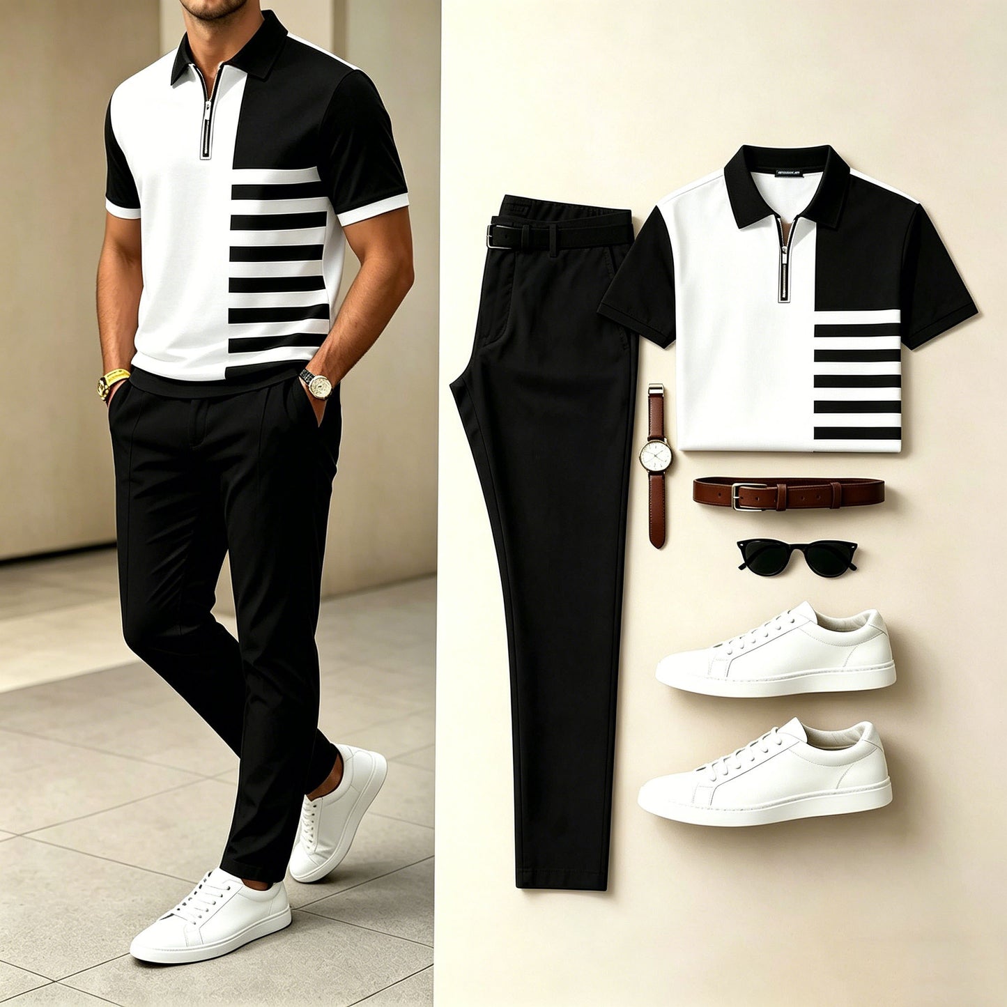 Men's Casual  Printed Polo Shirt And Pants Two-Piece Set