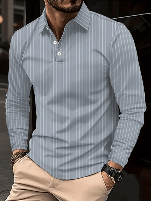 Men's Business Casual Striped Long-Sleeved Polo Shirt