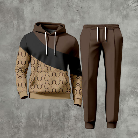Men's Casual Brown Color Matching Printed Long-Sleeve Hoodies Sweatshirt & Trousers Two-Piece Set