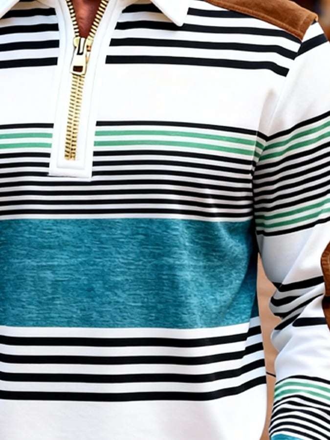 Men's Retro Color Block Print Zipper Sweatshirt