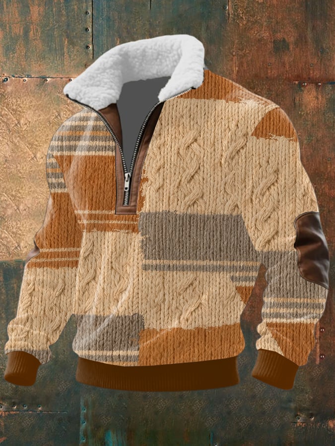 Men's Retro Print Half Zip Lapel Sweatshirt