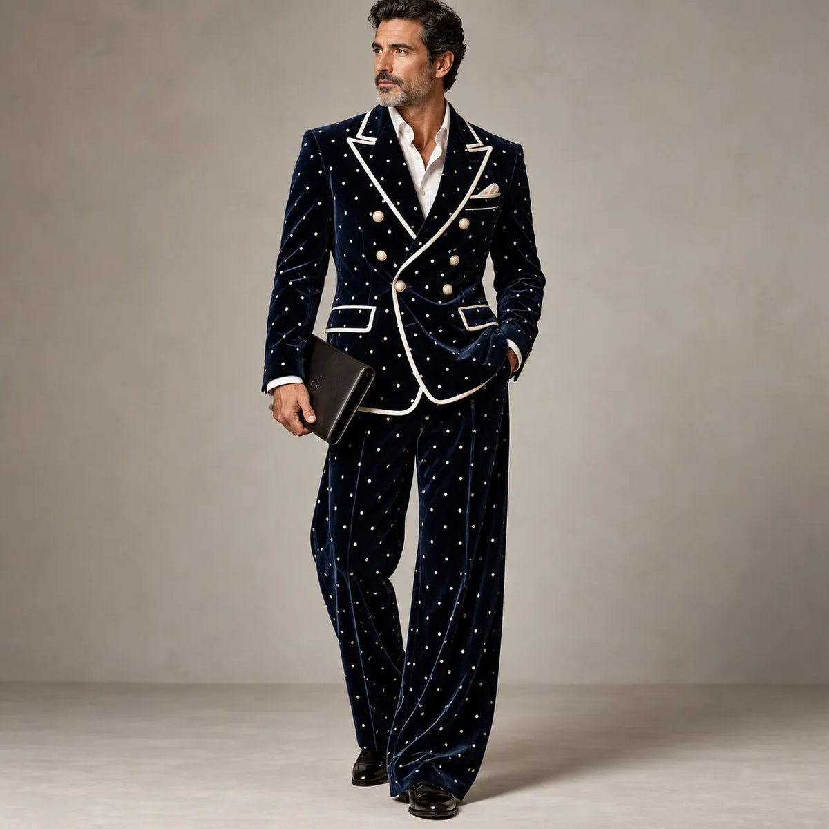 Men's Navy Blue Velvet Polka Dot Print Contrast Piping Double-Breasted Peak Lapel Blazer & Pants 2Pcs Suit