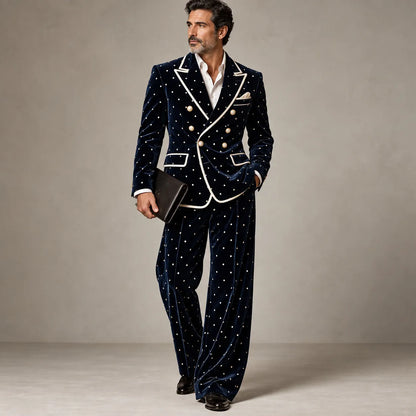Men's Navy Blue Velvet Polka Dot Print Contrast Piping Double-Breasted Peak Lapel Blazer & Pants 2Pcs Suit