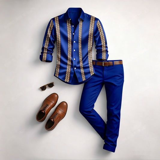 Men's Casual Royal Blue Color Matching Geometric Printed Long Sleeved Shirt & Trousers Two-Piece Set