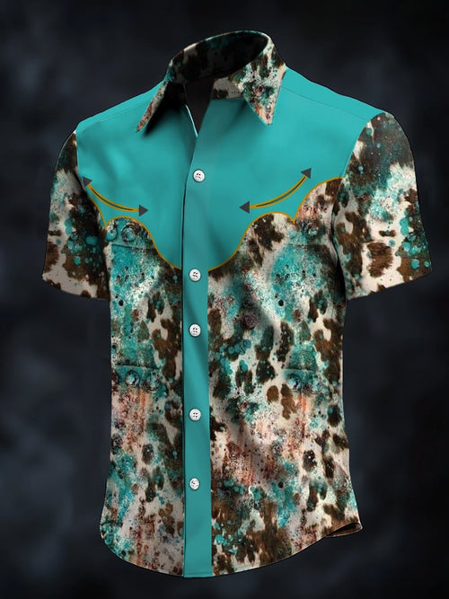 Men's Retro Western Contrast Print Short Sleeve Casual Shirt