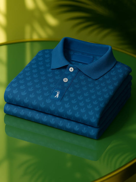 Men's Classic Business Old Money Button Short Sleeve Birdie Finger Blue Polo Shirt