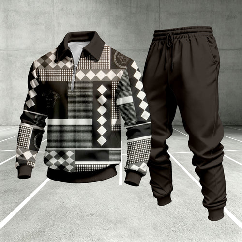 Men's Printed Zipper Polo Shirt and Pants Set