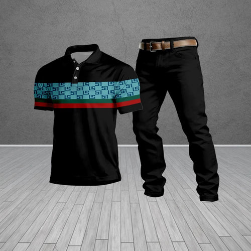 Men's Casual Black & Blue Plaid Short-Sleeved Polo Shirt And Trousers Two-Piece Set