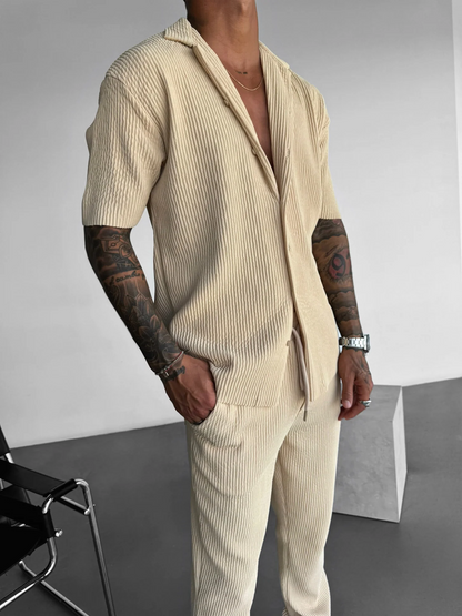 Men's Khaki Textured Short Sleeve Shirt Casual Two-piece Set