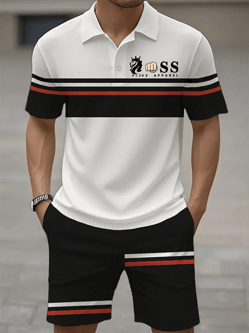 Men's Retro Letter Design Casual Business Short Sleeve Polo Shirt Suit