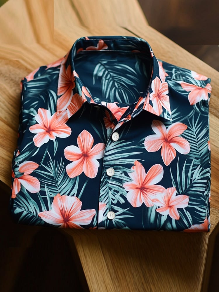 Men's Satin Luxe Hawaiian Floral Leaf Print Short Sleeve Button Shirt