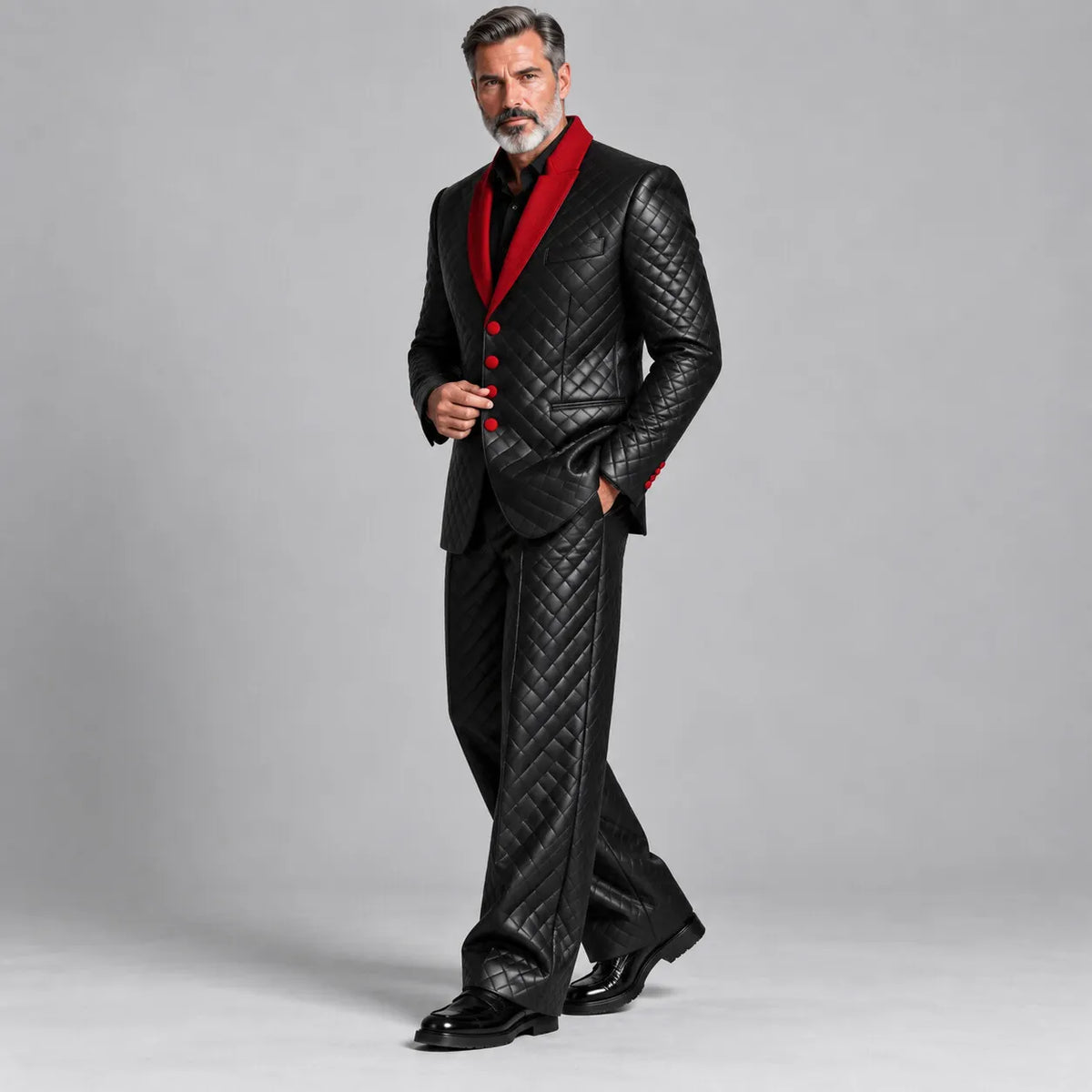 Men's Black PU Leather Quilted Straight Wide Leg Casual Pants