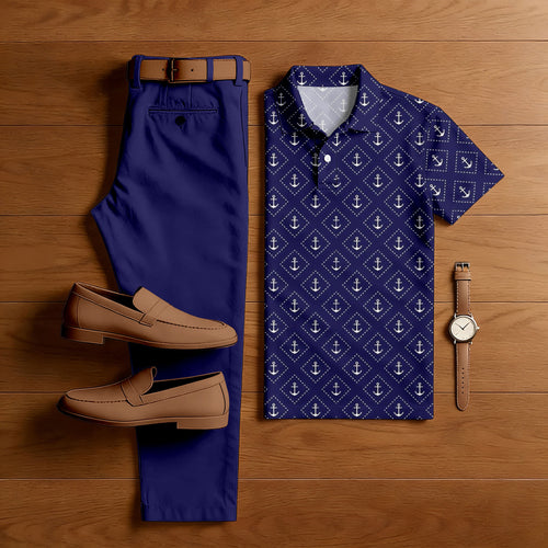 Men's Casual Purple Color Matching Checkered Printed Short Sleeved Polo Shirt & Trousers Two-Piece Set